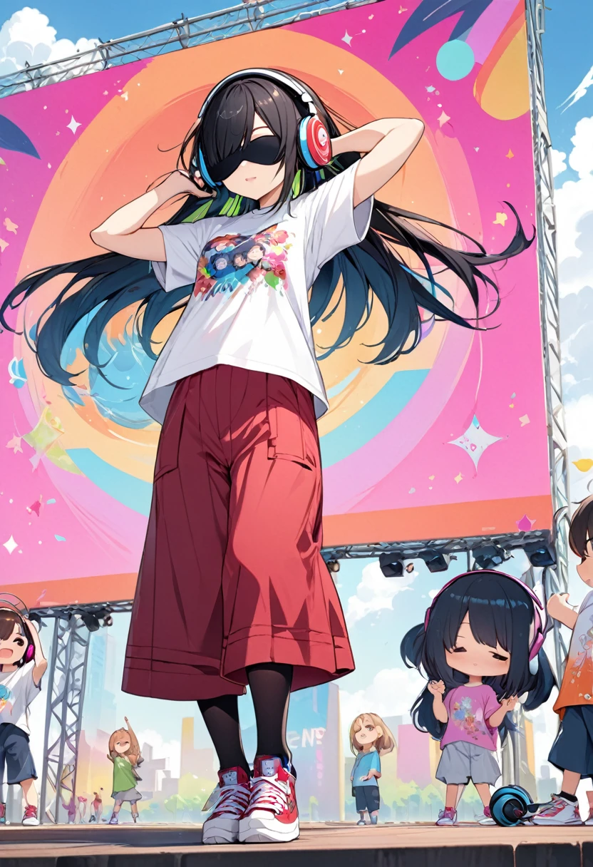 BREAK Perfect Anatomy、(High resolution:1.2)、Incredible illustrations、(Cute illustrations:1.2)、
(Beautiful background(park outdoor stage))
1little girl((multicolored hair,((bangs over eyes)))
1girl((a girl, 1.5meters, 35kg,18 years old female, ((Headphones, T-shirt, culottes, tights, sneakers),tilting head(tilt your head and sing a song)