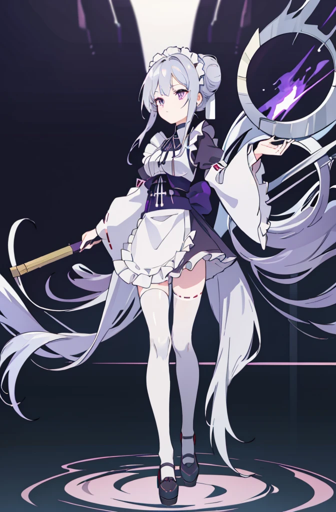 girl, long dark gray hair,chignon, violet eyes, Black Rich Closed Clothing, maid clothes,frilled mini skirt,white miko thighhighs,thin legs,Masterpiece, hiquality, high detail, HD, 4k,full body,