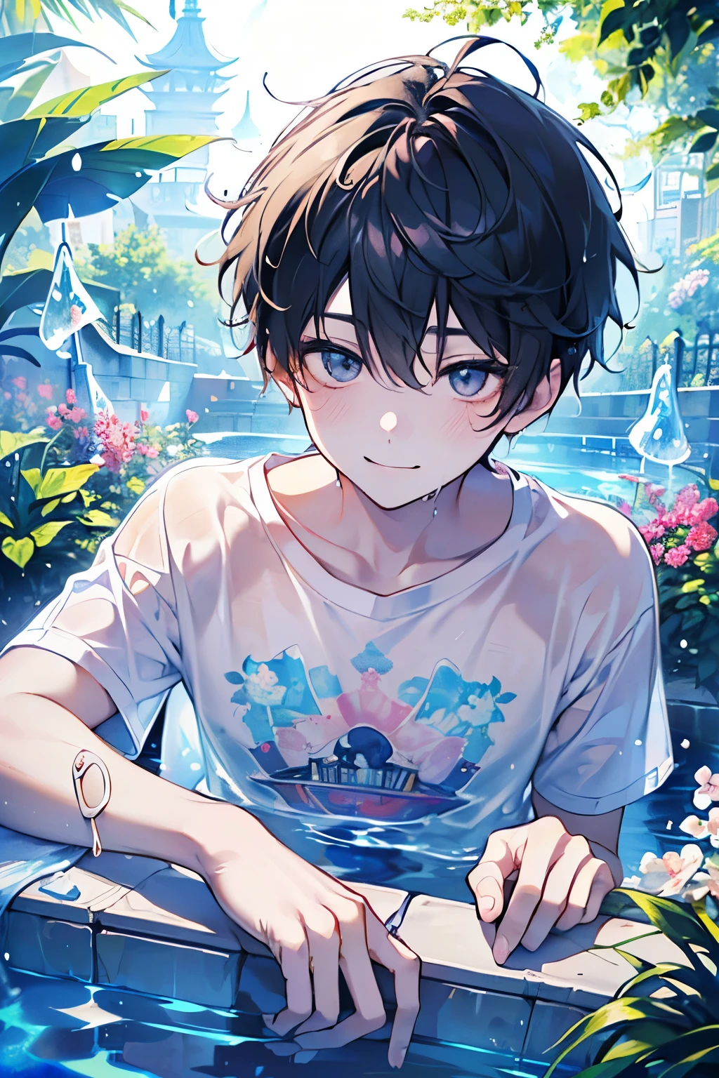 ((cute,kawaii,wonderland)),(Embarrassed、A big smile),(Bathing:1.25),((boy,Men's,male:1.2)),((squirt:1.25)),((Oversized T-shirt、Summer clothes:1.25)),((wonderland:1.15)),((Stardust Road)),(Short Hair:1.3),(Clothes and hair that become transparent when wet:1.3).