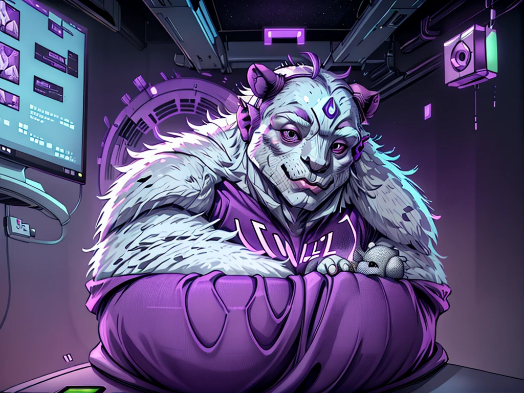 "Generate an image of a white koala with a purple nose, using a computer, showcasing a cute and studious scene."