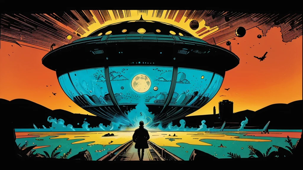 Use this prompt to create an image in the style of 1950s-70s comic book art. Use bold outlines, halftone patterns, and exaggerated perspective. Employ intense, saturated colors reminiscent of vintage four-color printing. Maintain a psychedelic, otherworldly atmosphere with swirling, colorful skies and strange celestial bodies. Emphasize the contrast between light and shadow to create a dramatic, pulp sci-fi feel. Create an image of: a hollow earth landscape