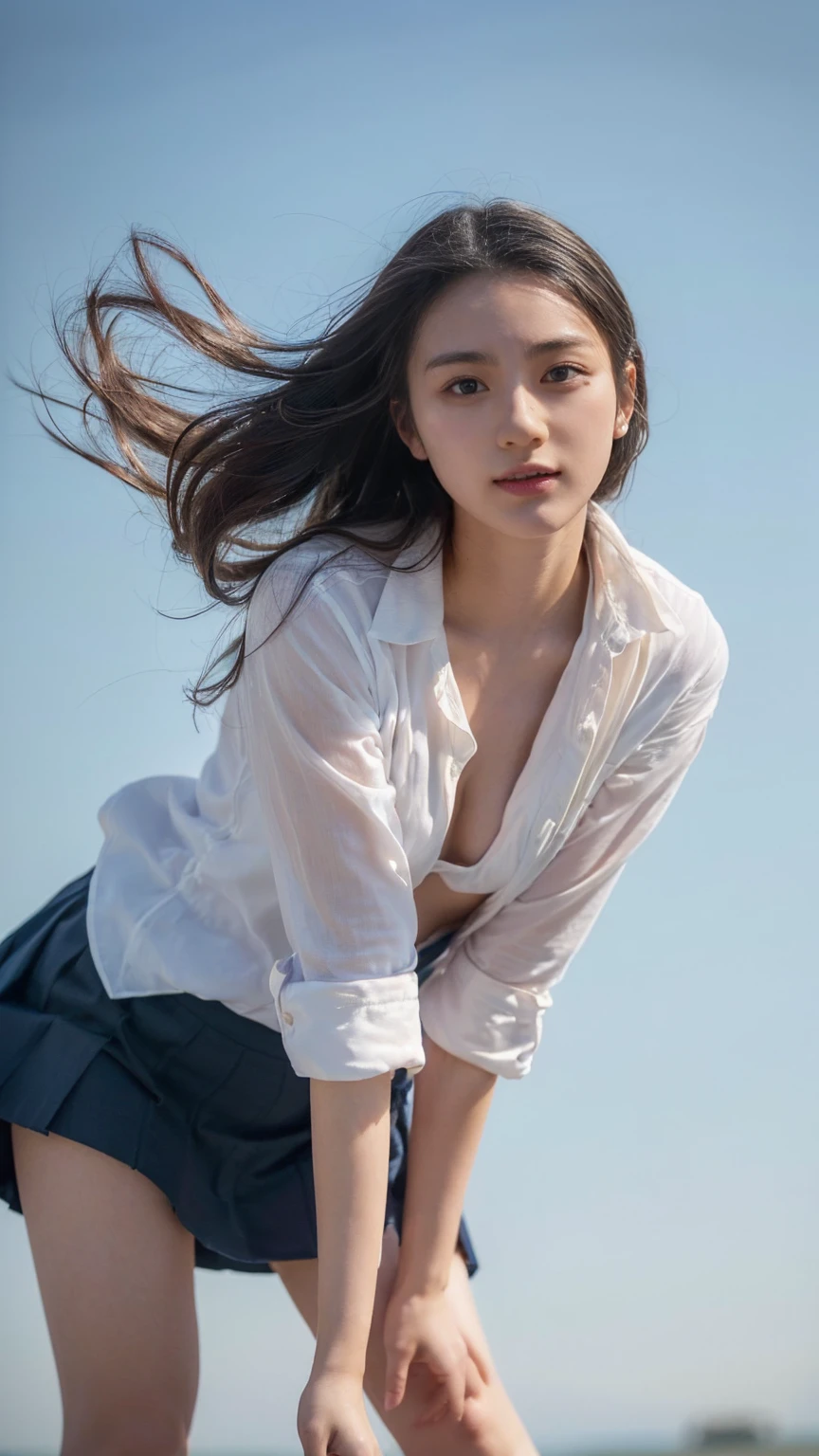 (((Low angle shooting、Looking into the camera:1.22,Leaning forward、Open shirt、No underwear)))、(((8K、Highest quality、masterpiece、Ultra-high resolution)))、(Realistic:1.4)、RAW Photos、(Real skin texture:1.3)、(Film Grain:1.3)、((Are standing、Skirt flutters in strong winds、Under the skirt、Do not bend your legs、Don'don't bend your knees、Spread your thighs、Beachside、))、One Girl、Beautiful and detailed eyes and face、masterpiece、Highest quality、close、thin、Japanese Uniform、dynamic、barefoot、Various poses、