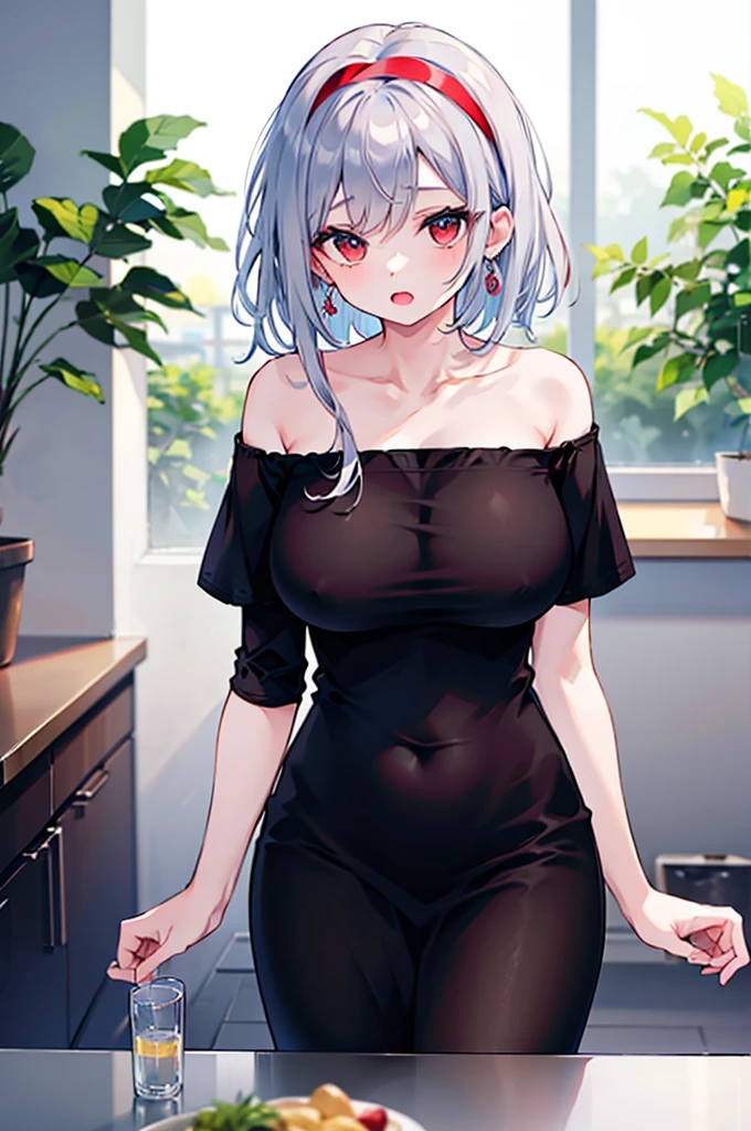 masterpiece, yor, 1girl, Bust A Cup, Amazing Cleavage:1.3, thin waist, big ass, Raised sexy, big breast: 1.2 posed cleavage:1.2、solo, looking at viewer, open mouth, have a cute grass of cute beergrass,black hair, red eyes, dress, bare shoulders, jewelry, collarbone, sidelocks, hairband, earrings, indoors, off shoulder, :o, sweater, arms behind back, plant, short hair with long locks, white hairband, off-shoulder dress, sweater dress, off-shoulder sweater, red sweater, big side hair, very long side hair,is rendered in (masterpiece: 1.2, best quality), with (ultra high resolution) and an exquisite (depth of field). This masterpiece is not only visually stunning but also tells,A scene of cooking in the kitchen