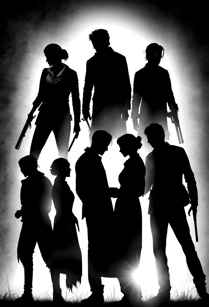 Create a book cover, with four silhouettes of women, two silhouettes of men and a silhouette of a , in the midst of the zombie apocalypse