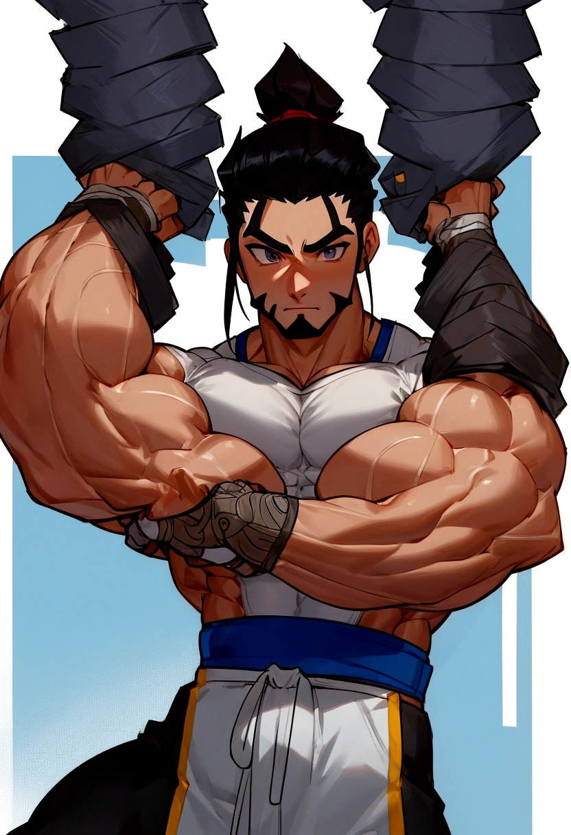 Hanzo Overwatch working out in a bodybuilding gym, well-defined muscles, focus in muscles, detailed biceps and triceps, cabelo perfeito, rosto perfeito, perfect hands, dedos perfeitos