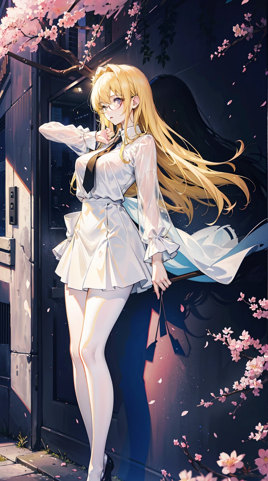 Young and beautiful Kathryn Newton, Glasses, White dress shirt, Very deep neckline, Black Mini Dress, Dark pantyhose, Surreal, 14 years old, Model figure, Large Breasts, Beautiful breasts, Big Ass, Long hair, Random Hairstyle, Blonde hair, Long legs, 8K, futuristic city, Cherry blossoms, sunrise, LED lighting, Anime style, ((Leaning against the wall,Sideways posture))