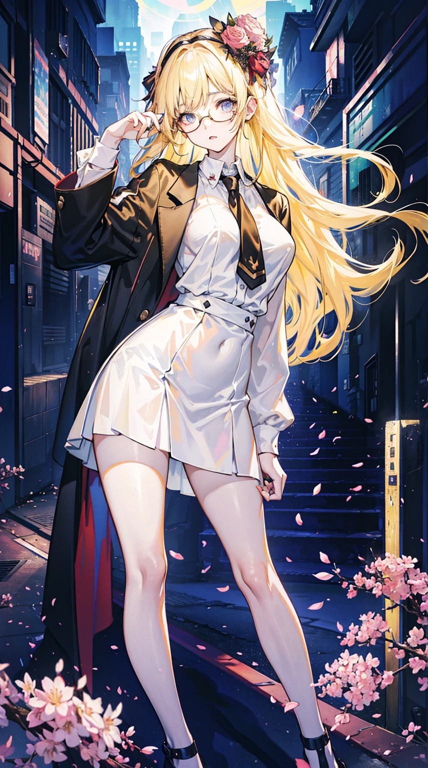 Young and beautiful Kathryn Newton, Glasses, White dress shirt, Very deep neckline, Black Mini Dress, Dark pantyhose, Surreal, 14 years old, Model figure, Large Breasts, Beautiful breasts, Big Ass, Long hair, Random Hairstyle, Blonde hair, Long legs, 8K, futuristic city, Cherry blossoms, sunrise, LED lighting, Anime style, ((Leaning against the wall,Sideways posture))