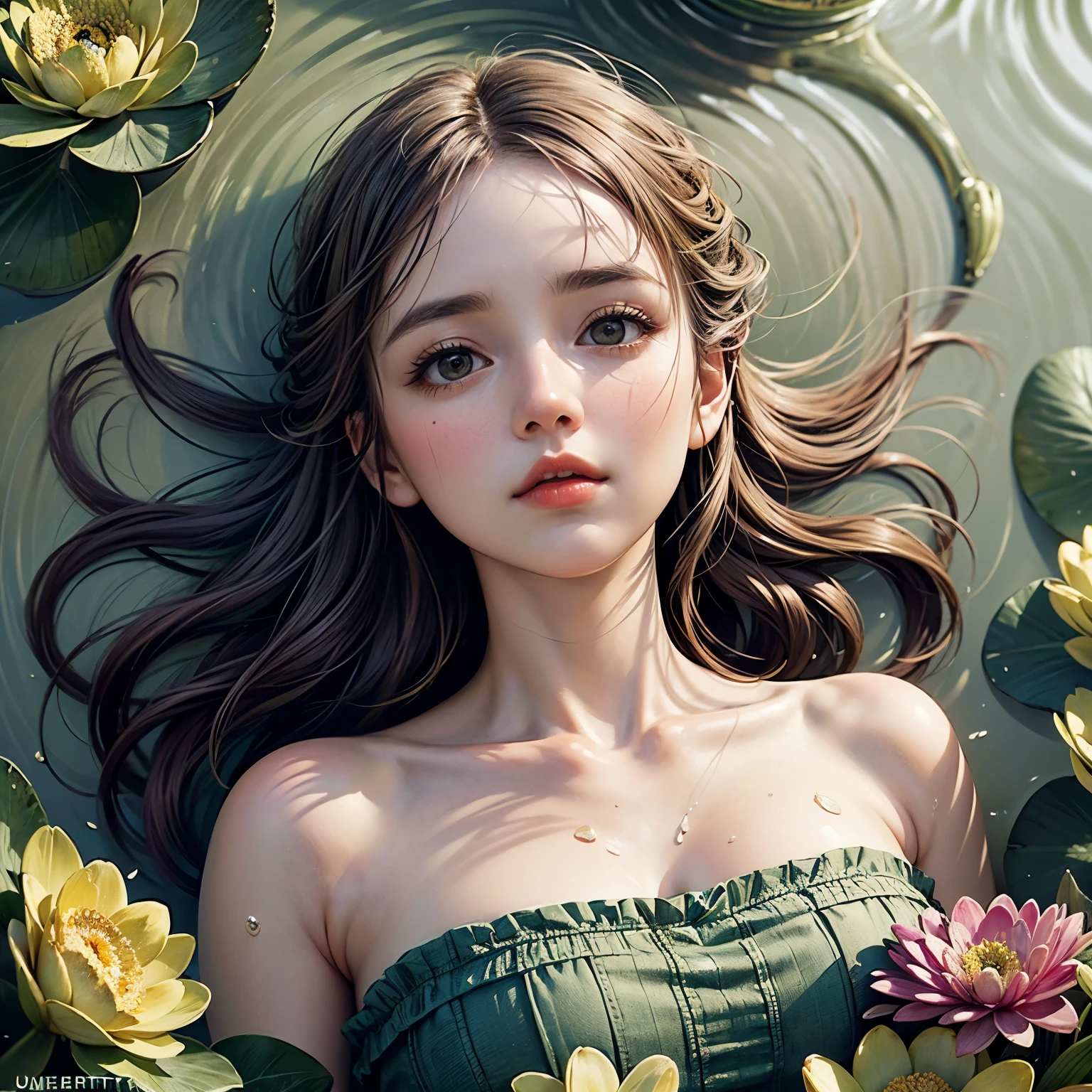Beautiful girl floating on a river, long flowing hair, gentle expression, water lilies and flowers, lush green foliage, atmospheric lighting, classical painting style, muted color palette, cinematic composition, photorealistic, Ultra-detailed ((She is lying face up in the water holding a colorful bouquet💐)) BREAK (((Ophelia BY John Everett Millais )))(Masterpiece 8K TopQuality:1.2)