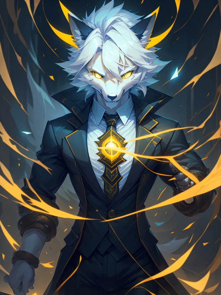 male, furry, Fox anthro, solo, white fur, Yellow eyes, (Realistic eye details 1.2), business suit wear, V0id3nergy, abs, Masterpiece, dramatic lighting, soft lighting, day, highly detail, Hair coiled