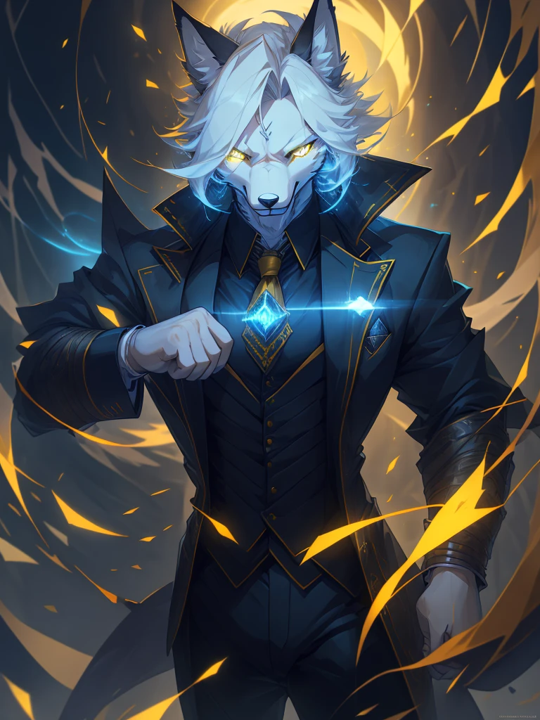male, furry, Fox anthro, solo, white fur, Yellow eyes, (Realistic eye details 1.2), business suit wear, V0id3nergy, abs, Masterpiece, dramatic lighting, soft lighting, day, highly detail, Hair coiled