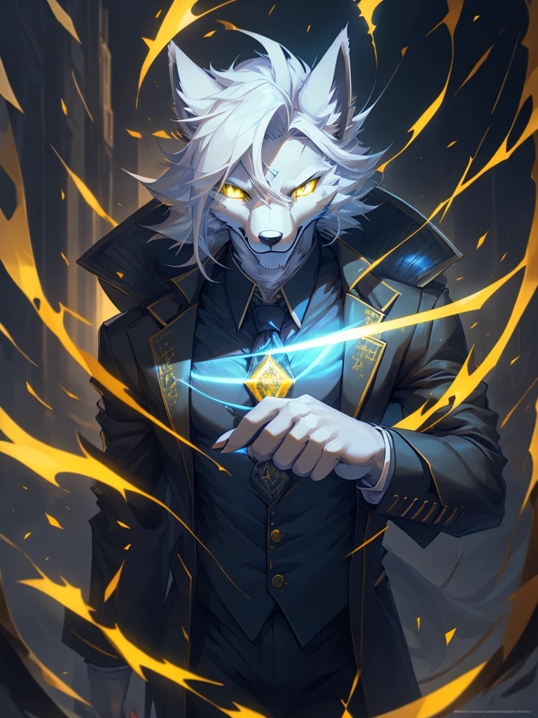 male, furry, Fox anthro, solo, white fur, Yellow eyes, (Realistic eye details 1.2), business suit wear, V0id3nergy, abs, Masterpiece, dramatic lighting, soft lighting, day, highly detail, Hair coiled