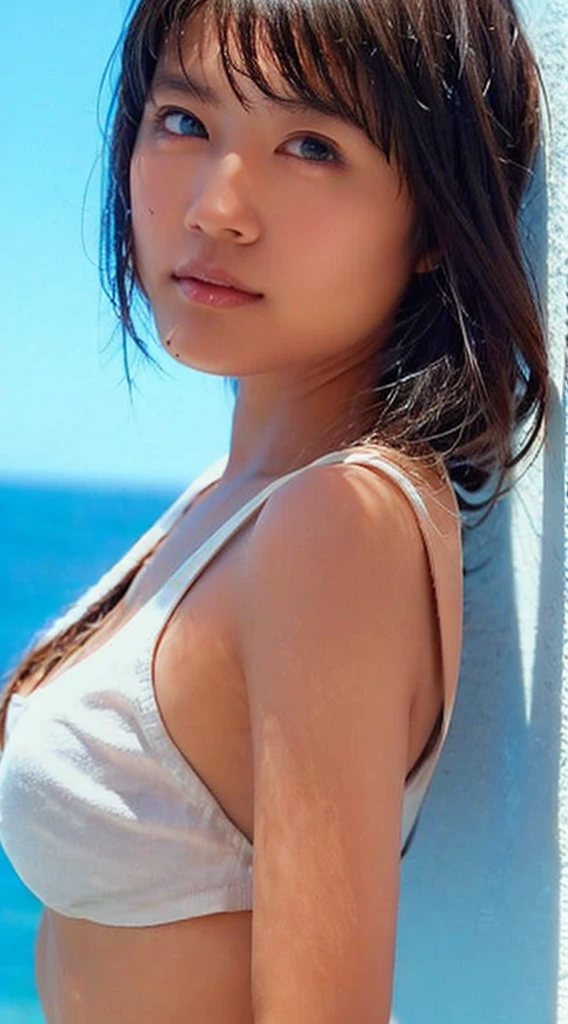 ((Highest quality, 8K, masterpiece: 1.3)), sharp: 1.2, Perfect Body Beauty: 1.4, Slim Abs: 1.2, ((Layered Hairstyles, Big Breasts: 1.2)), (濡れた White Button Long Shirt: 1.1), (nude: 1.2), Face close-up: 1.5, Highly detailed face and skin texture, Beautiful Eyes, double eyelid, Side view of the camera
