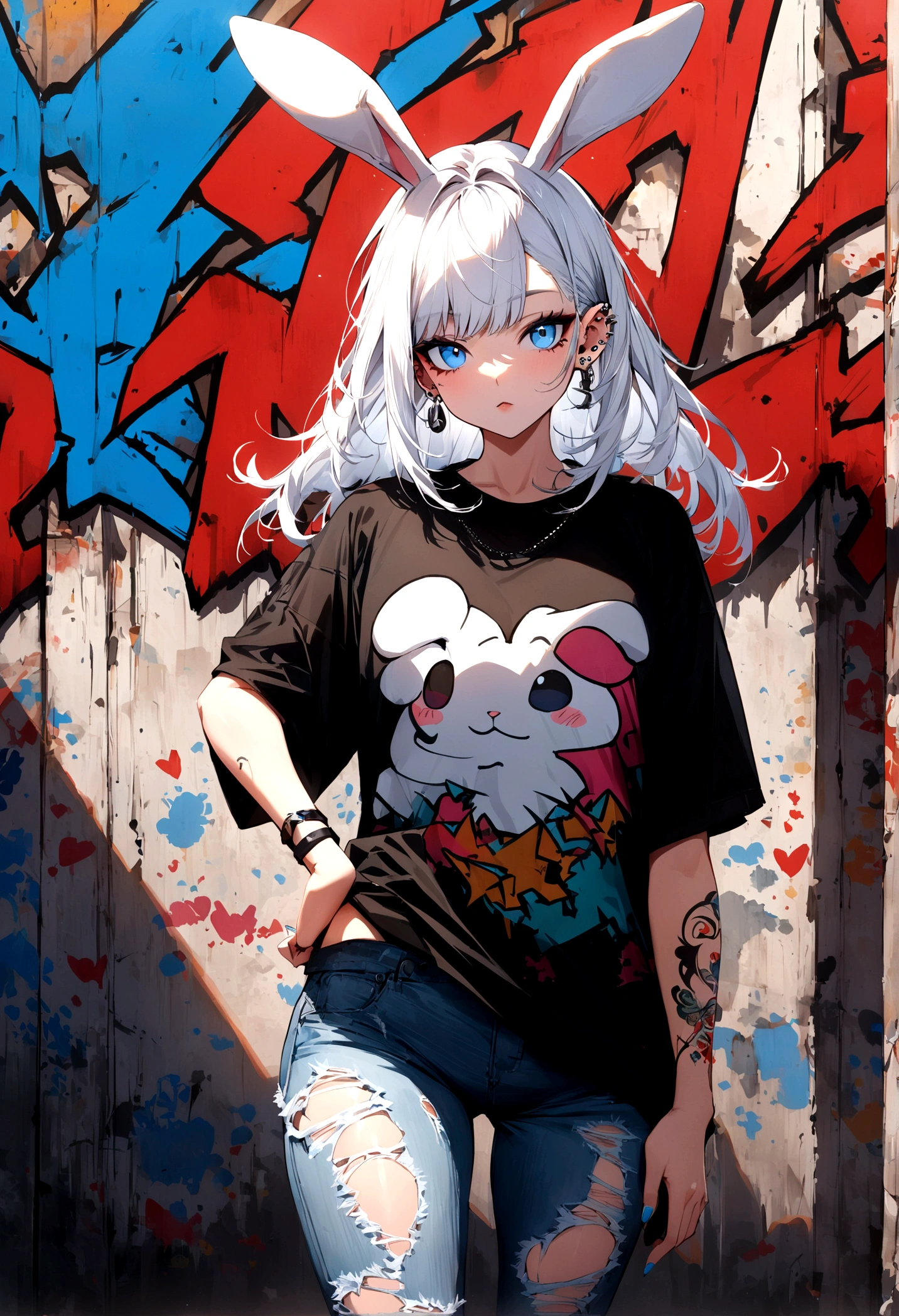 A cool and trendy rabbit, white hair, blue eyes, wearing trendy hip hop clothing, wearing a hoodie, graphic t-shirt and torn jeans, tons of tattoos and piercings, graffiti style background, highly detailed background, perfect masterpiece, high quality, high resolution