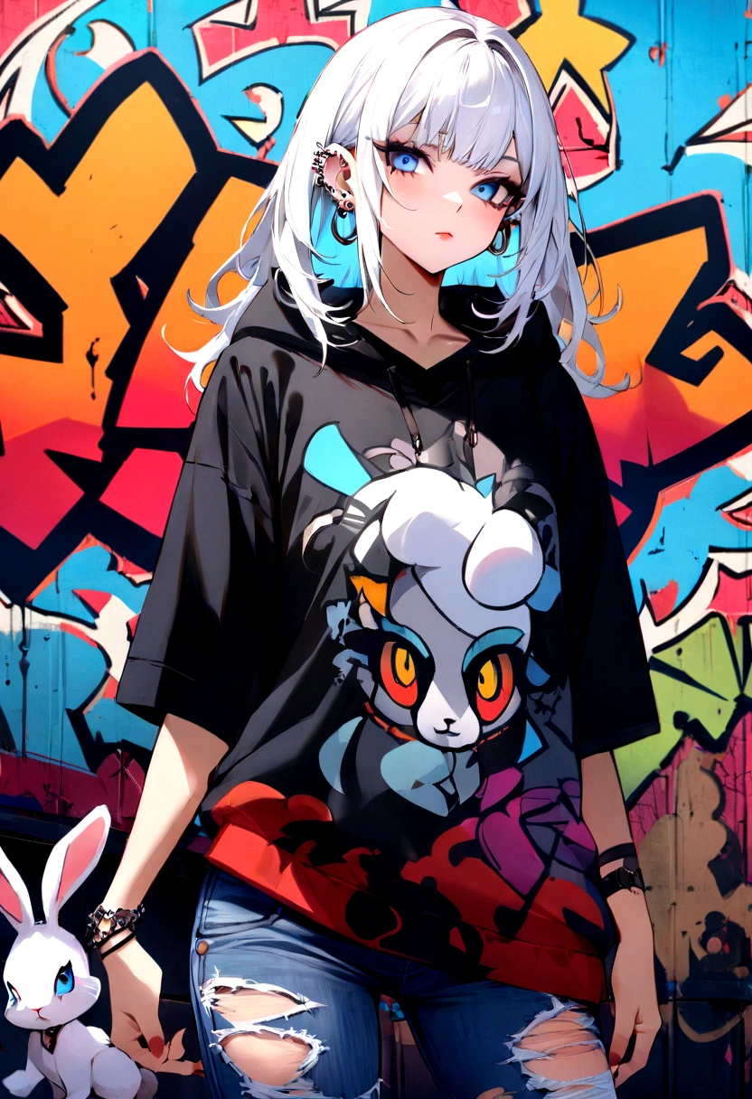 A cool and trendy rabbit, white hair, blue eyes, wearing trendy hip hop clothing, wearing a hoodie, graphic t-shirt and torn jeans, tons of tattoos and piercings, graffiti style background, highly detailed background, perfect masterpiece, high quality, high resolution