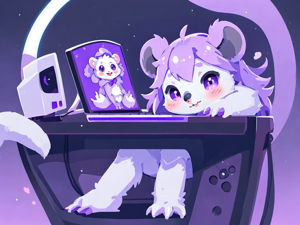 "Generate an image of a white koala with a purple nose, using a computer, showcasing a cute and studious scene."