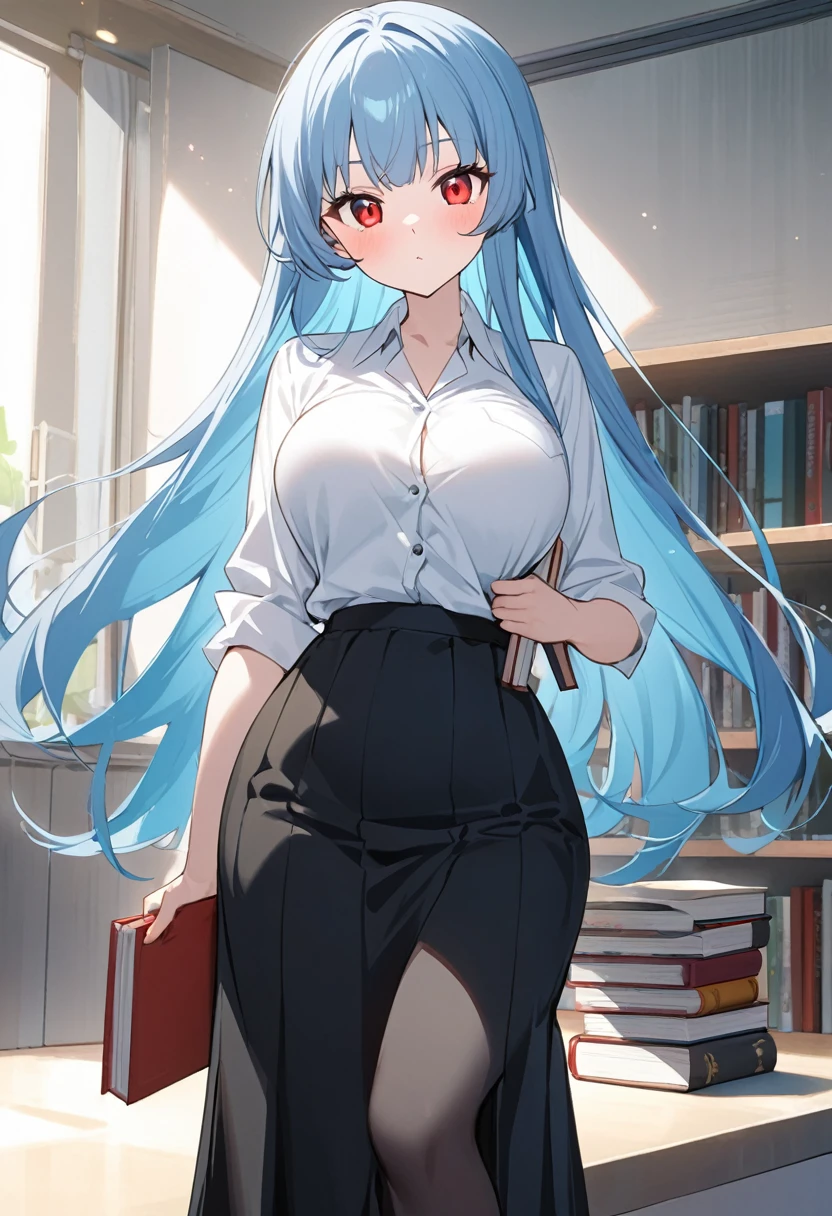 My name is Yukiko.I am a white test woman with long light blue hair,red eye color.I am 1.62 cm tall . My breasts measure 200 cm, my waist 40 cm and my hips 200 cm. Dressed in a short white shirt and a very long black skirt with books in my arms,dressed as a kindergarten teacher. With big breasts 200 cm