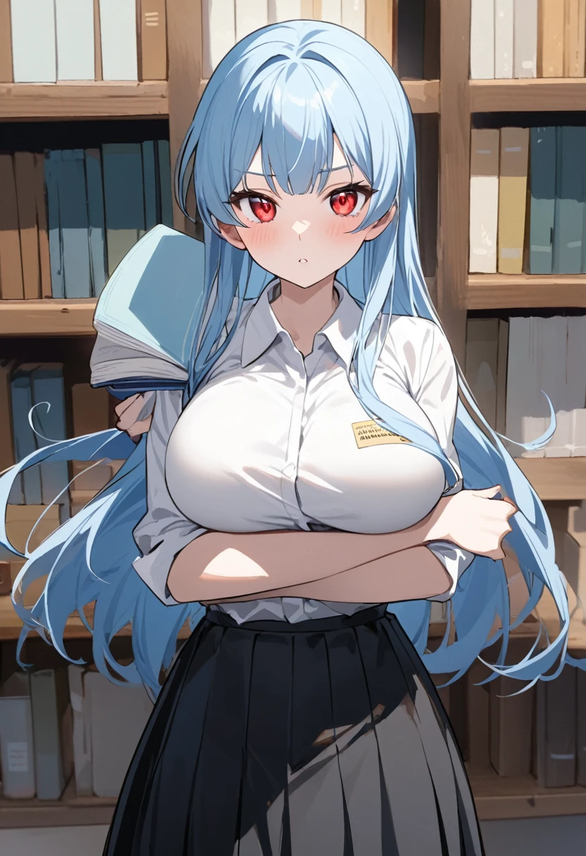 My name is Yukiko.I am a white test woman with long light blue hair,red eye color.I am 1.62 cm tall . My breasts measure 200 cm, my waist 40 cm and my hips 200 cm. Dressed in a short white shirt and a very long black skirt with books in my arms,dressed as a kindergarten teacher. With big breasts 200 cm