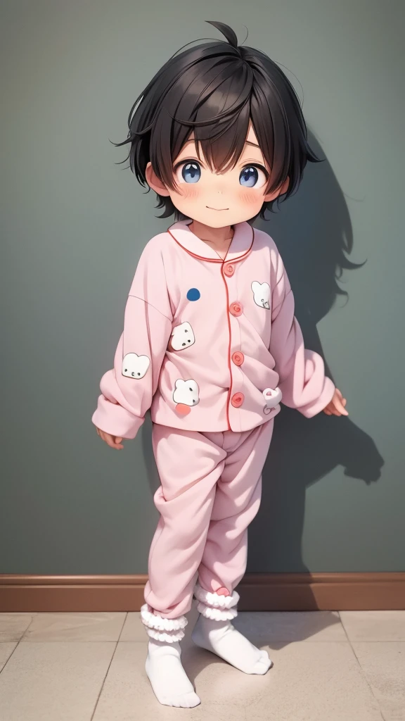 Cute 6 year old anime boy wearing cute socks and super kawaii animal pajamas