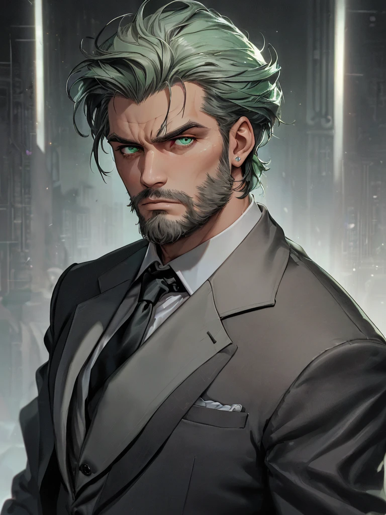 (An attractive man with perfect body with grey hair and green eyes with a serious and mysterious look)), ((one man)), (((Wearing mafia costumes))), ((formal clothes)) ((Mafia boss)), ((1920 costumes)), ((absurdres)), (masterpiece 1.3), (incredibly detailed), (highres:1.1), (high detailed skin:1.4), (high quality lighting), (skin texture), (UHD), (64K), (studio lighting), (photorealistic), (hyper realistic), (symmetric face), (unreal engine), (bokeh), (high resolution scan), (professional photograph), ((stunning handsome man)), ((short beard)), ((stoic)), ((stern looking)) , ((symmetrical eyes)), (strong jawline), (green eyes), (grey hair), (short hair), (1man), (solo), (dark atmosphere), (Dynamic poses), (masterpiece,best quality) ,
