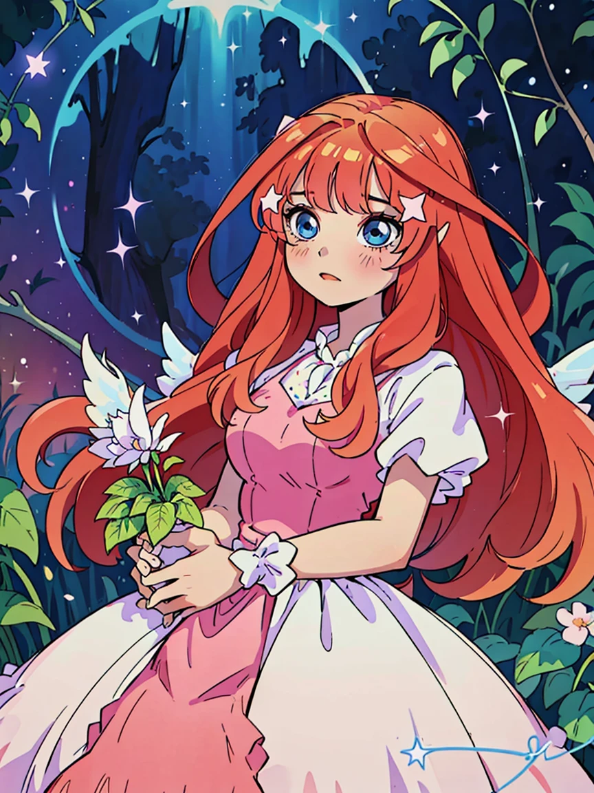 beautiful girl in flowing ballgown dress, (glowing fairy wings), glowing flowing ballgown, long wavy hair, sparkling fairy wings, watercolor illustration, flowers and colorful plants, inspired by Glen Keane, inspired by Lois van Baarle, disney art style, by Lois van Baarle, glowing aura around her, by Glen Keane, Itsuki Nakano, long fluffy red hair, blue eyes, nakano_itsuki,  jen bartel, glowing lights! digital painting, flowing glowing hair, glowing flowing hair, star hairclips, 5-pointed star hairclips, beautiful digital illustration, fantasia otherworldly landscape plants flowers, beautiful, masterpiece, best quality, anime disney style