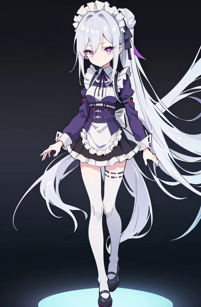 girl, long dark gray hair,chignon, violet eyes, Black Rich Closed Clothing, maid clothes,frilled mini skirt,white miko thighhighs,thin legs,Masterpiece, hiquality, high detail, HD, 4k,full body,adult,adult,tall,slender,adult,
