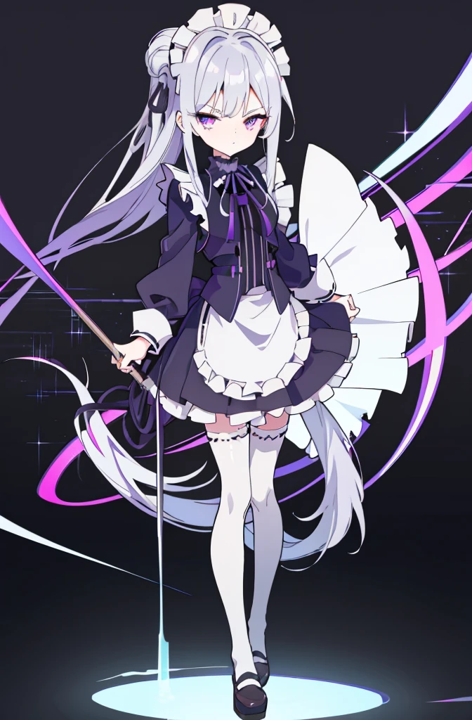 girl, long dark gray hair,chignon, violet eyes, Black Rich Closed Clothing, maid clothes,frilled mini skirt,white miko thighhighs,thin legs,Masterpiece, hiquality, high detail, HD, 4k,full body,adult,adult,tall,slender,adult,