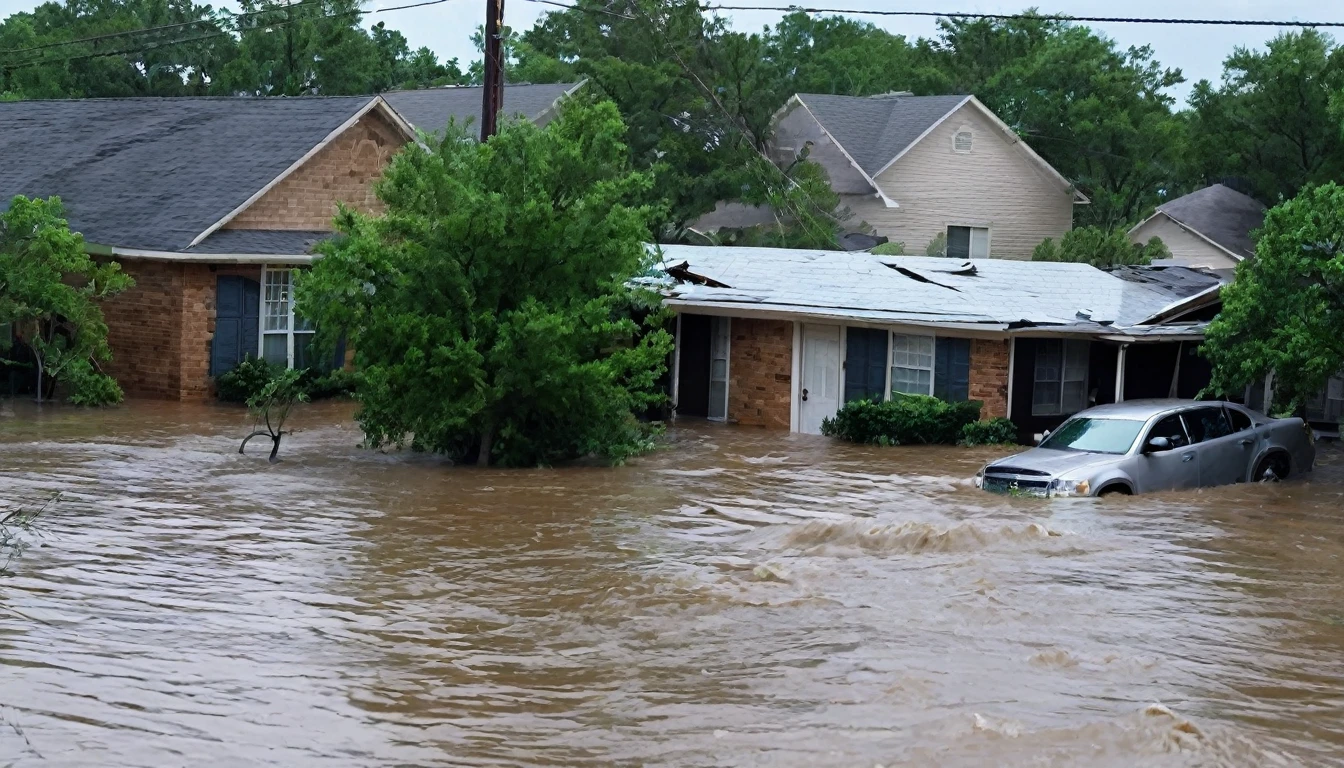 whoa, dramatic image depicts a chaos scenario. Strong winds from a hurricane rip apart houses, causes flooding and destruction in Texas. People trapped in floating cars, Submerged houses and debris in the violent flood.