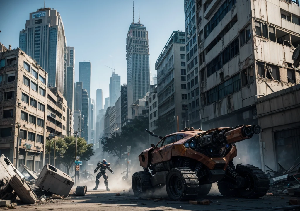 An epic fight in the background between futuristic robots in the middle of a partially destroyed city. In front of the larger building, slightly to the left, there is a logo for a game called 'E-BOTS FIGHT&FORGE'.