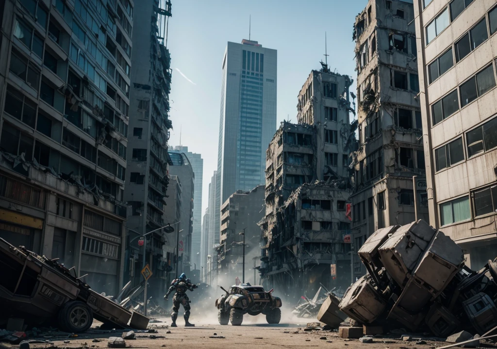 An epic fight in the background between futuristic robots in the middle of a partially destroyed city. In front of the larger building, slightly to the left, there is a logo for a game called 'E-BOTS FIGHT&FORGE'.