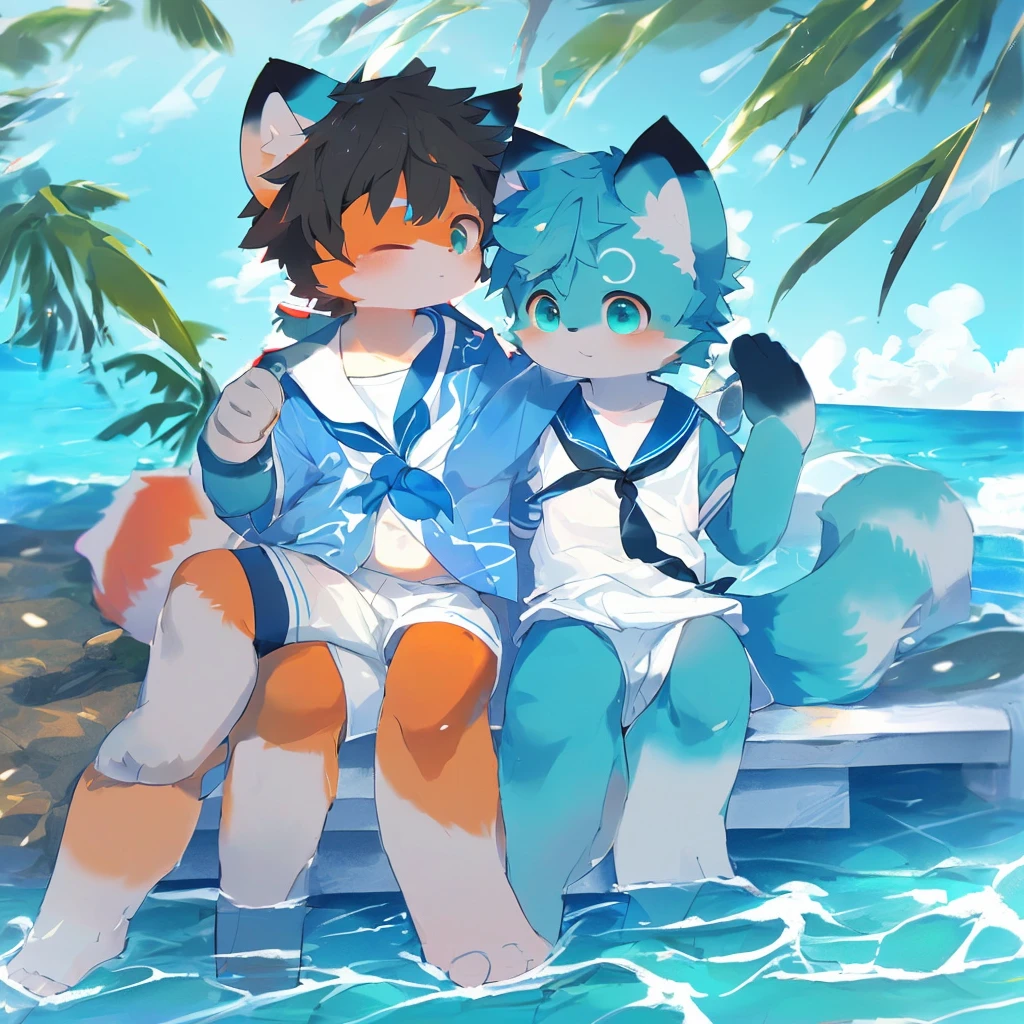 Male Red Panda, Ocean, Appeared wearing a sailor uniform! One in heat, Sitting,fly in the sky,Cyan Light