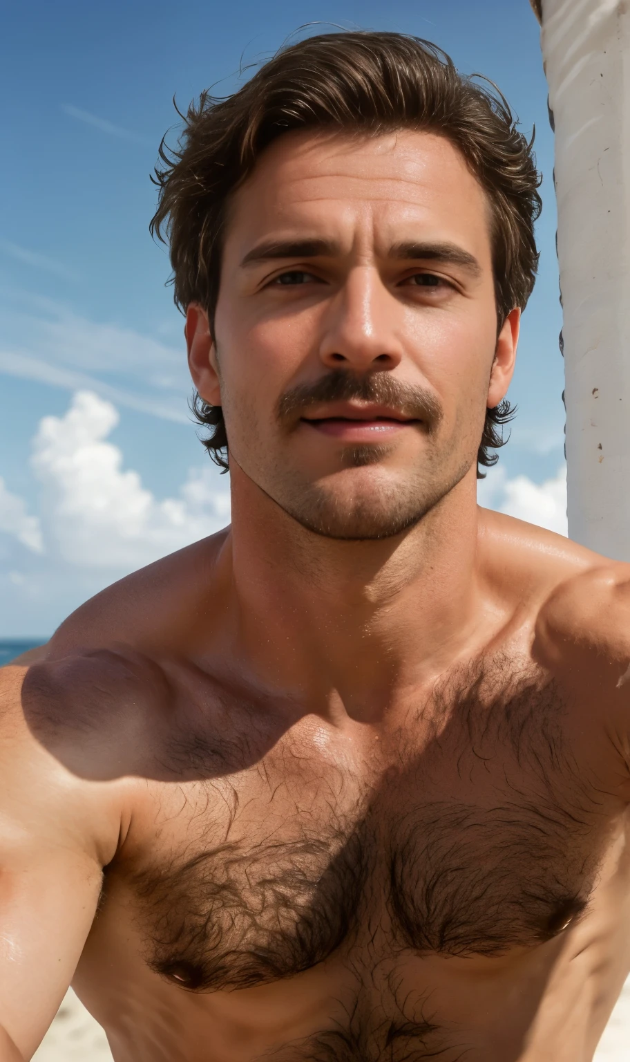 masterpiece, best quality, high resolution, closeup portrait, male focus, solo focus, A man, 60 years old, grey hair, in speedo, grey silver hair, messy hairstyle, cute and seductive face, old but attractive, bare chest, body hair, hairy armpits, facial hair, pale skin, sun freckles, roman nose, very skinny body, hairy legs, cute, white chest hair, very hairy chest, dimples, scruffy beard, very hairy armpits, bold jawline , sweaty, in the background a beach on a cloudy day, view from below, amazing composition, front view, HDR, ultra quality, elegant, highly detailed