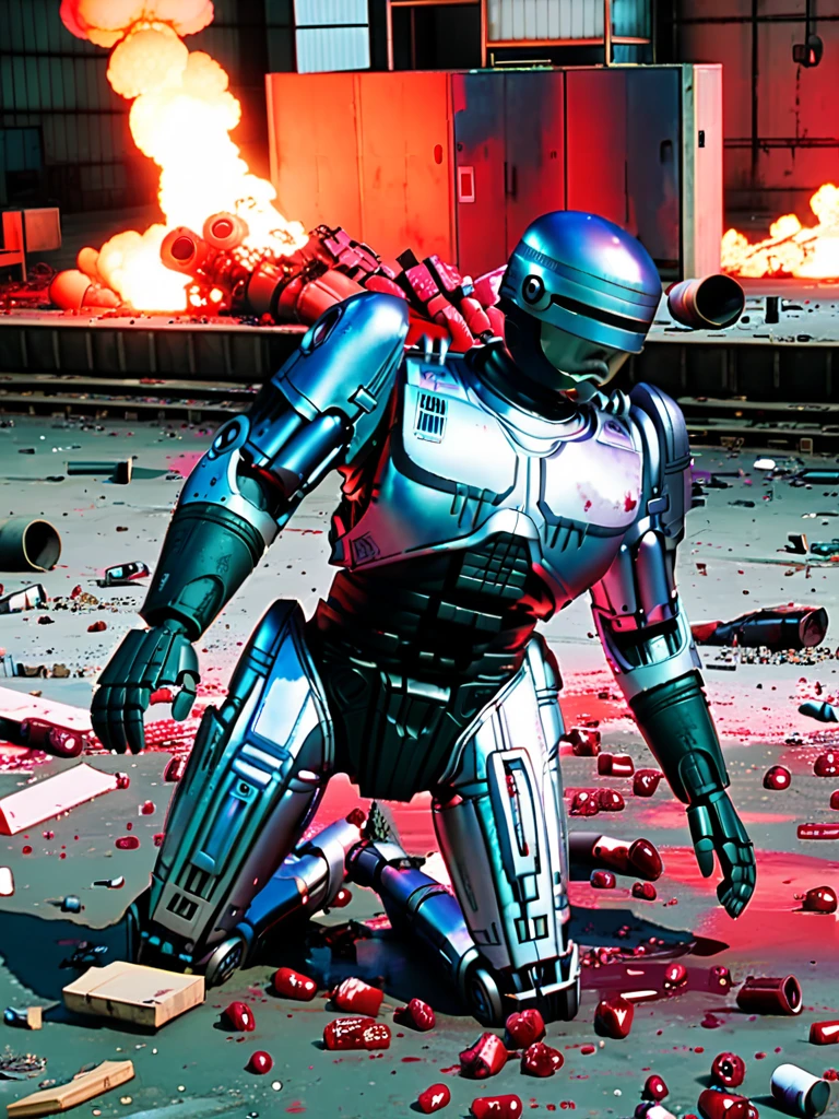 Robocop falls to the ground in defeat、Abandoned Factory、Robocop destroyed and dismembered、Vomiting blood from the mouth、Dismembered body partsから火花と煙が出ている、Broken Robocop、Dismembered body parts