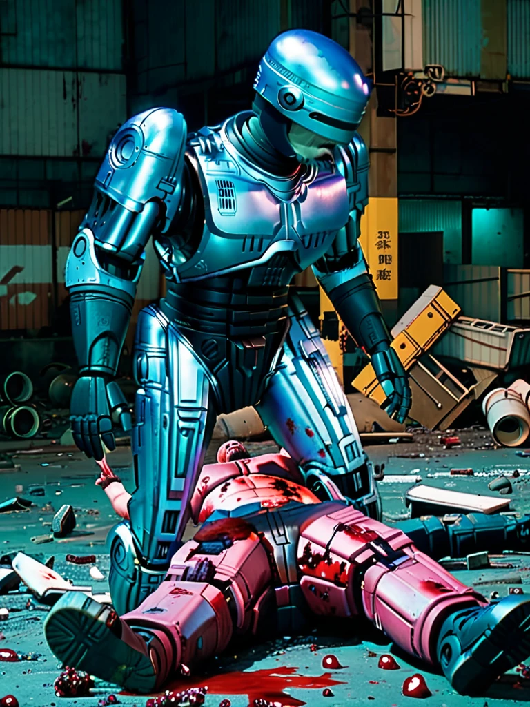 Robocop falls to the ground in defeat、Abandoned Factory、Robocop destroyed and dismembered、Vomiting blood from the mouth、Dismembered body partsから火花と煙が出ている、Broken Robocop、Dismembered body parts