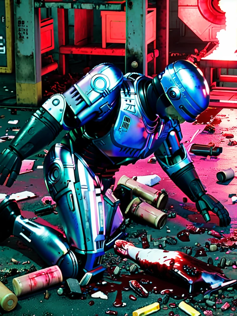 Robocop falls to the ground in defeat、Abandoned Factory、Robocop destroyed and dismembered、Vomiting blood from the mouth、Dismembered body partsから火花と煙が出ている、Broken Robocop、Dismembered body parts