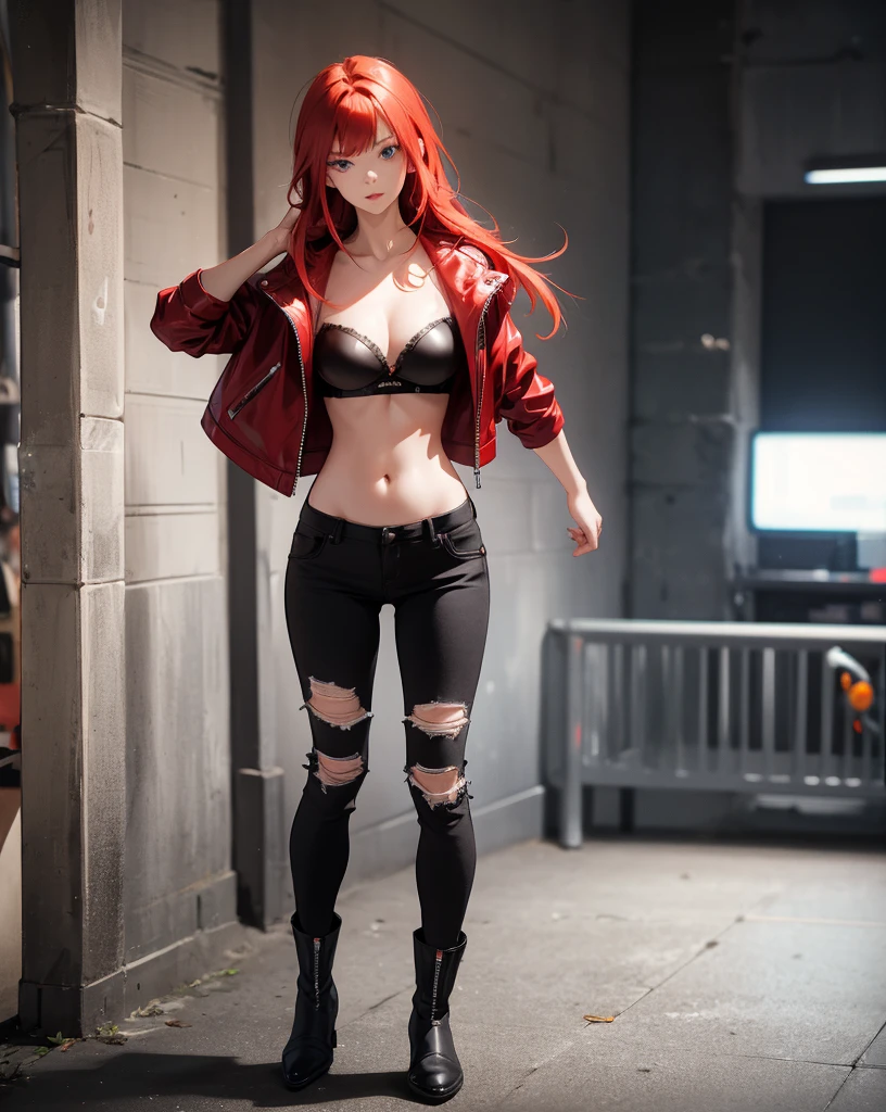 Sexy young girl with a good body, bright red hair, long hair, with bright red eyes, bright Eyes, with black leather jacket with white bra, ripped blue jeans, short brown boots with white, standing, spiky hair, bristly hair, standing, pose standing