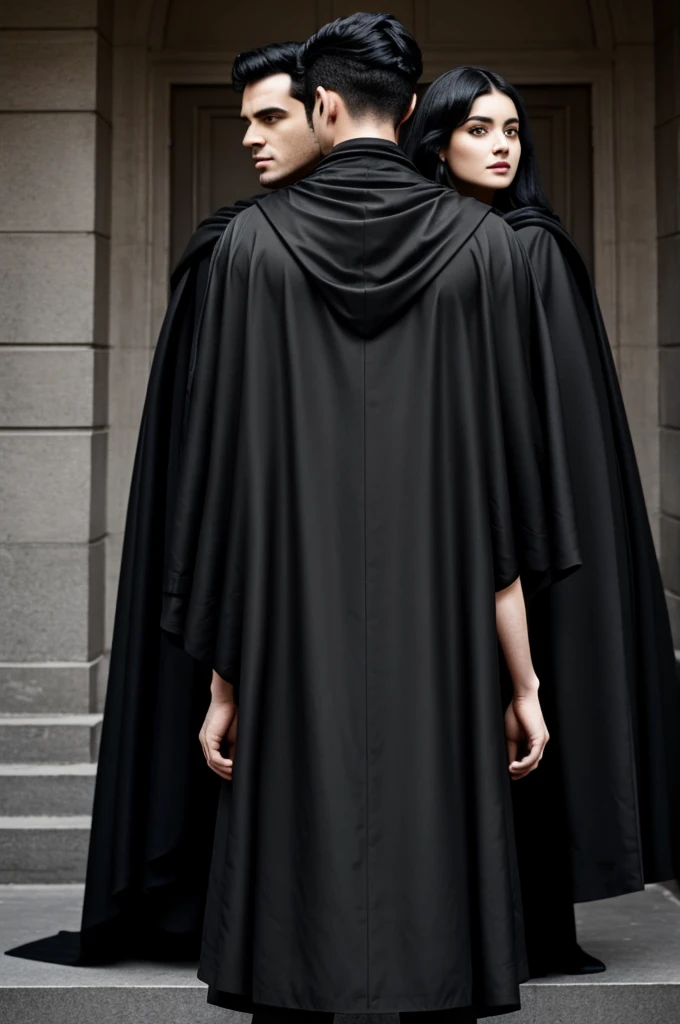 two men with black capes on their backs and in the middle a girl with black hair and black clothes