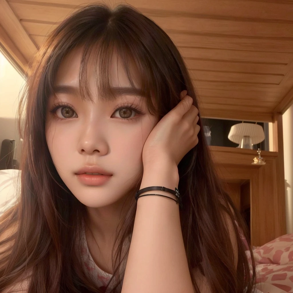 there is a young woman lying on a bed with her head resting on her hand, lalisa manobal, korean, Lalisa Manoban do Blackpink, young lovely korean face, jaeyeon nam, heonhwa choe, sun yunjoo, linda mulher sul-korean, with bangs, 18 years old, 19 years old