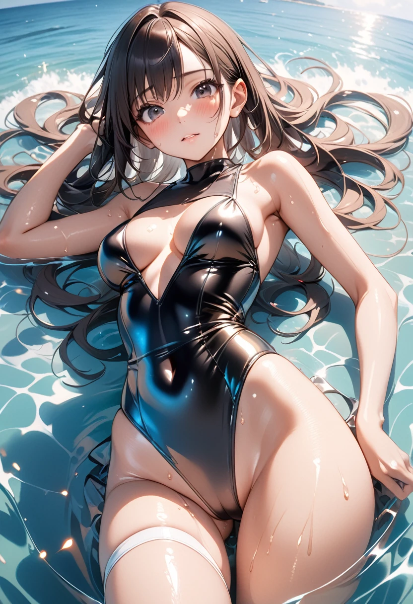 ((Metallic one-piece_swimsuits, lying on the water and floating, Mediterranean Sea)), skindentation, skinny, solo, 1 woman, Masterpiece, highest quality, highest quality, 16K, incredibly absurd, highly detailed, 2.5D, ai-generated, delicate and dynamic, very delicate facial expressions, delicate eye depiction, erotic, only sexy woman, healthy figure, 25-year-old woman, bride, 160cm tall, medium firm swaying bust, (dark hair), black eye, blush, Sweat,Embarrassed,sexy, ((thin thighs)), (Erect nipples:0.8), (visible nipples:0.8), (camel toe:0.8), ((shiny and lustrous)), facing straight at viewer, ((brown_skin:1.5)), ((Oily_skin)), sweaty skin, wet skin, dutch angle, sexy pose,lying,