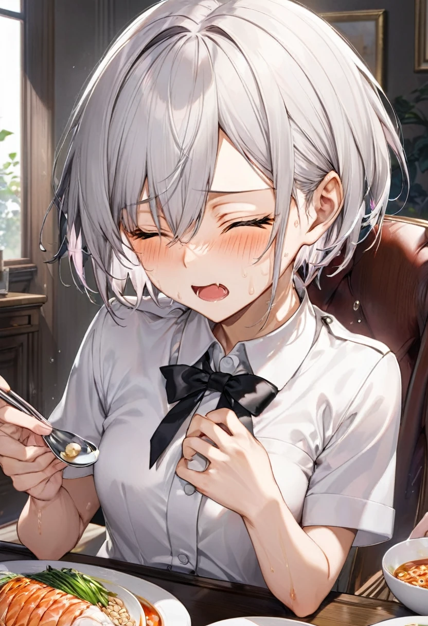 (eating style) (solo:2, 16 yo crew cut silver hair very short hair divine fighter boy, Agony closed eyes, agony face, sweaty skin, flat chest), (in a butler suit), break, in the livingroom, Natto dishes on the table, BREAK, perfect anatomy, masterpiece, best quality, 16k, beautiful detailed grow, daydreaming expression.