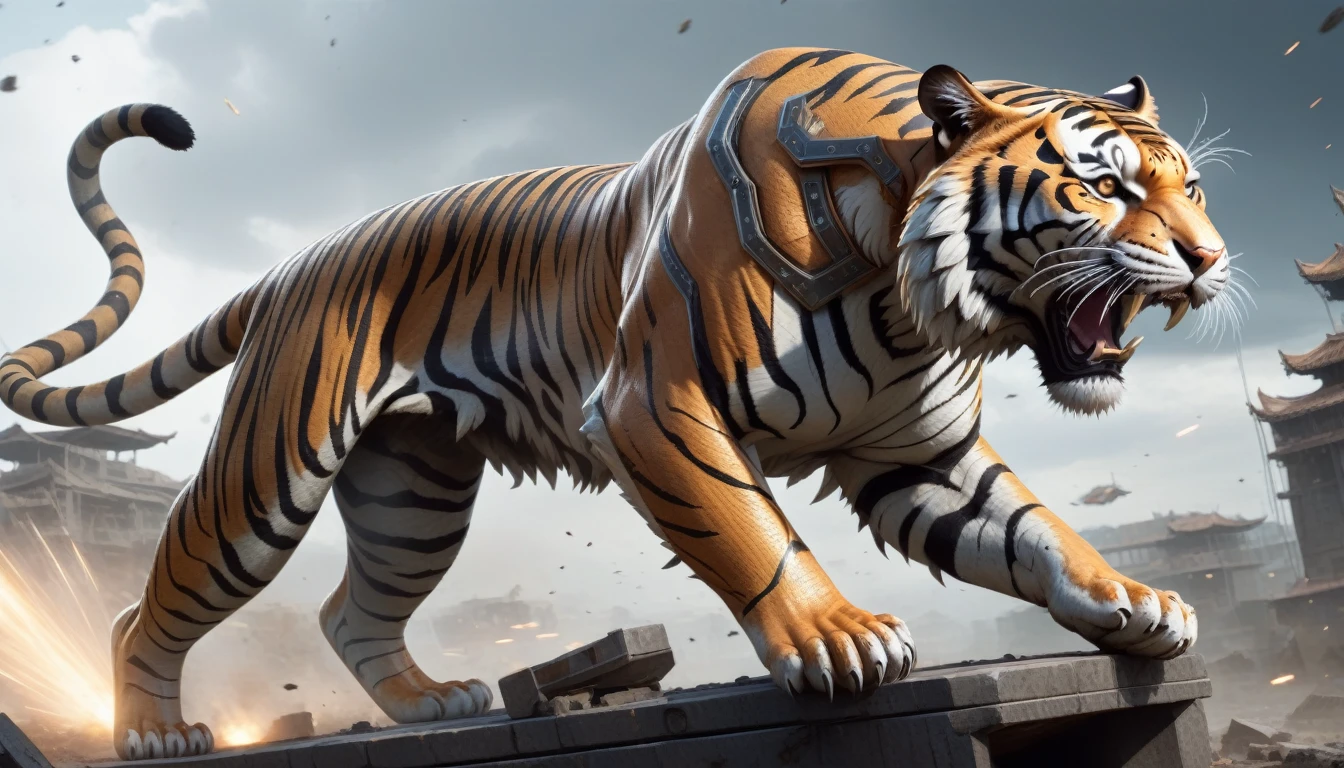 Ultra-realism, ((Masterpiece)), ((Best Quality)), (Very Detailed), ((Very Detailed)), 4K, (8K), very aesthetic, absurdres highres, Create highly textured mechanical tiger artwork. This tiger has a metallic sheen and realistic texture and is constructed with detailed mechanical elements. The colors are metallic gray and silver, with hints of rust, giving it an aged but advanced technological look. The background is simple and focuses on the intricacy and craftsmanship of the tiger design, Design a combat-ready cybernetic tiger equipped with powerful weapons, situated in an outdoor battlefield. The tiger should have missile launchers on its back, laser guns on its front legs, and a shield on its shoulders. It should be slashing at enemies with its sharp claws while advancing and delivering powerful attacks. The background should depict a war-torn battlefield with destroyed buildings, fighting posing, dynamic angle,