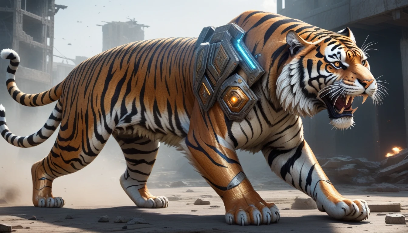 Ultra-realism, ((Masterpiece)), ((Best Quality)), (Very Detailed), ((Very Detailed)), 4K, (8K), very aesthetic, absurdres highres, Create highly textured mechanical tiger artwork. This tiger has a metallic sheen and realistic texture and is constructed with detailed mechanical elements. The colors are metallic gray and silver, with hints of rust, giving it an aged but advanced technological look. The background is simple and focuses on the intricacy and craftsmanship of the tiger design, Design a combat-ready cybernetic tiger equipped with powerful weapons, situated in an outdoor battlefield. The tiger should have missile launchers on its back, laser guns on its front legs, and a shield on its shoulders. It should be slashing at enemies with its sharp claws while advancing and delivering powerful attacks. The background should depict a war-torn battlefield with destroyed buildings, fighting posing, dynamic angle,