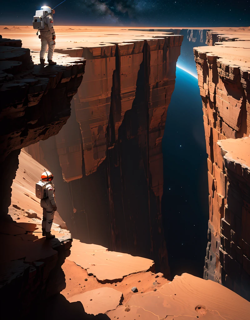 Create a painting of an astronaut standing at the edge of a canyon on Mars, gazing across to the other side, under the serene night sky
