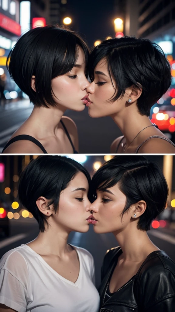 Two girls kissing in the city at night.
One of the girls has short hair , half shaved. The other girl has medium black hair.