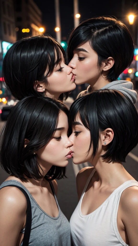 Two girls kissing in the city at night.
One of the girls has short hair , half shaved. The other girl has medium black hair.
