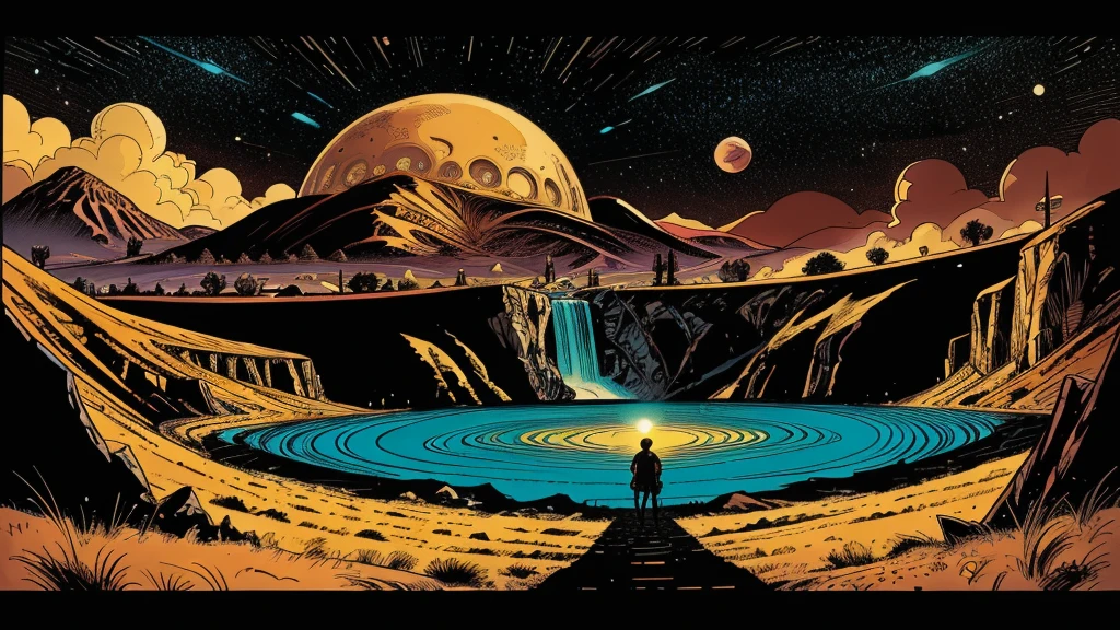 Use this prompt to create an image in the style of 1950s-70s comic book art. Use bold outlines, halftone patterns, and exaggerated perspective. Employ intense, saturated colors reminiscent of vintage four-color printing. Maintain a psychedelic, otherworldly atmosphere with swirling, colorful skies and strange celestial bodies. Emphasize the contrast between light and shadow to create a dramatic, pulp sci-fi feel. Create an image of: a hollow earth landscape