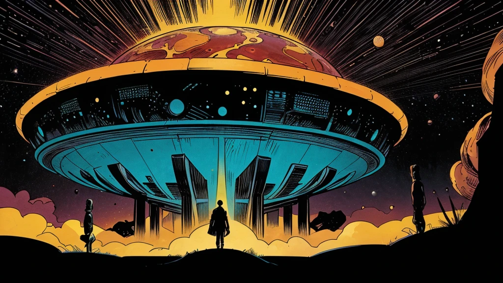 Use this prompt to create an image in the style of 1950s-70s comic book art. Use bold outlines, halftone patterns, and exaggerated perspective. Employ intense, saturated colors reminiscent of vintage four-color printing. Maintain a psychedelic, otherworldly atmosphere with swirling, colorful skies and strange celestial bodies. Emphasize the contrast between light and shadow to create a dramatic, pulp sci-fi feel. Create an image of: a hollow earth landscape