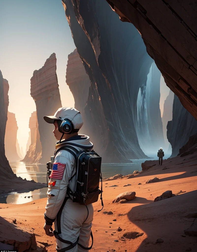 Create a painting of an astronaut standing at the edge of a canyon on Mars, gazing across to the other side, under the serene night sky