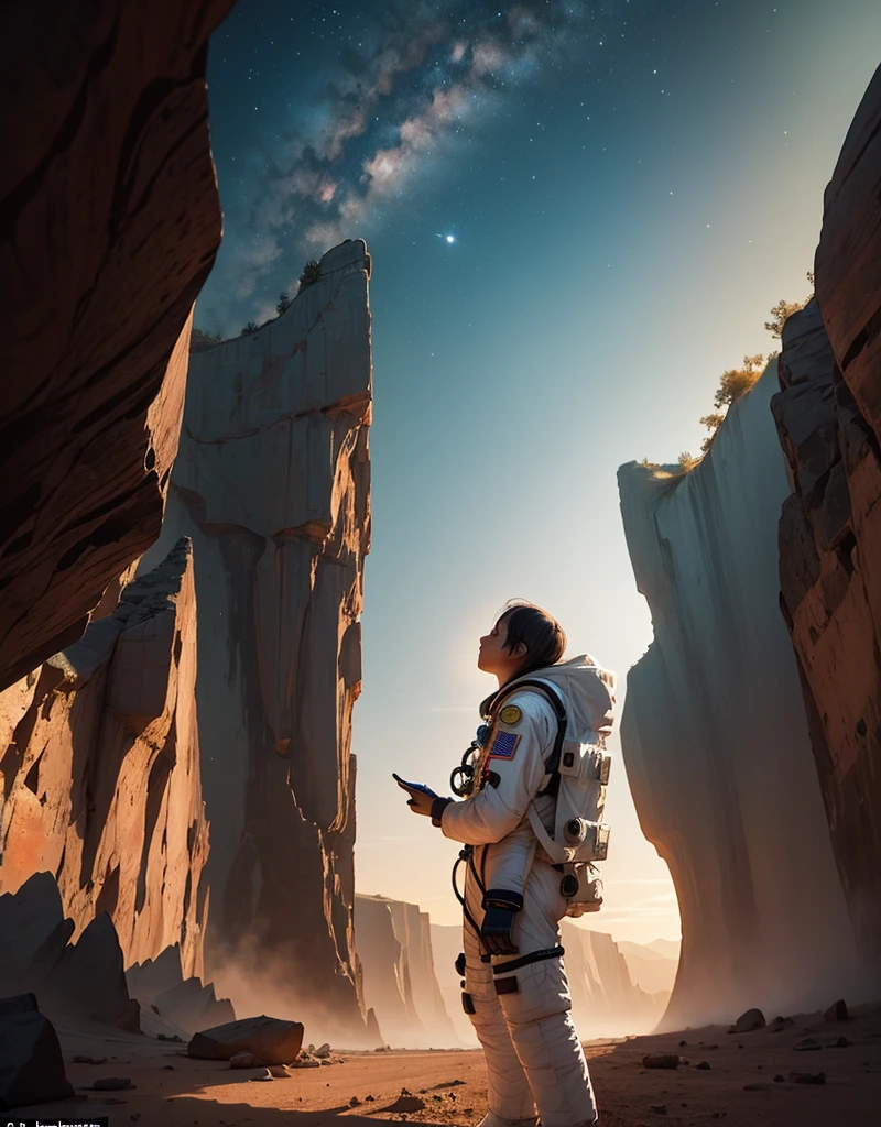 Create a painting of an astronaut standing at the edge of a canyon on Mars, gazing across to the other side, under the serene night sky