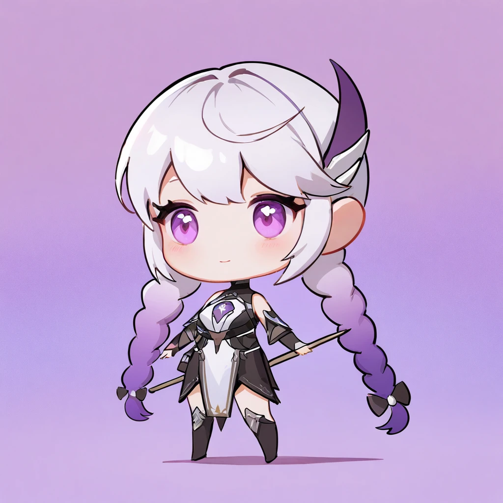 (work of art, best qualityer:1.2), 1 girl, standing alone,Black and White Metallic Hair Accessories,blue-purple gradient hair tips,cabelo roxo,twin braids,whole body,Anatomically correct:2,chibi, with a banner written :narla viana