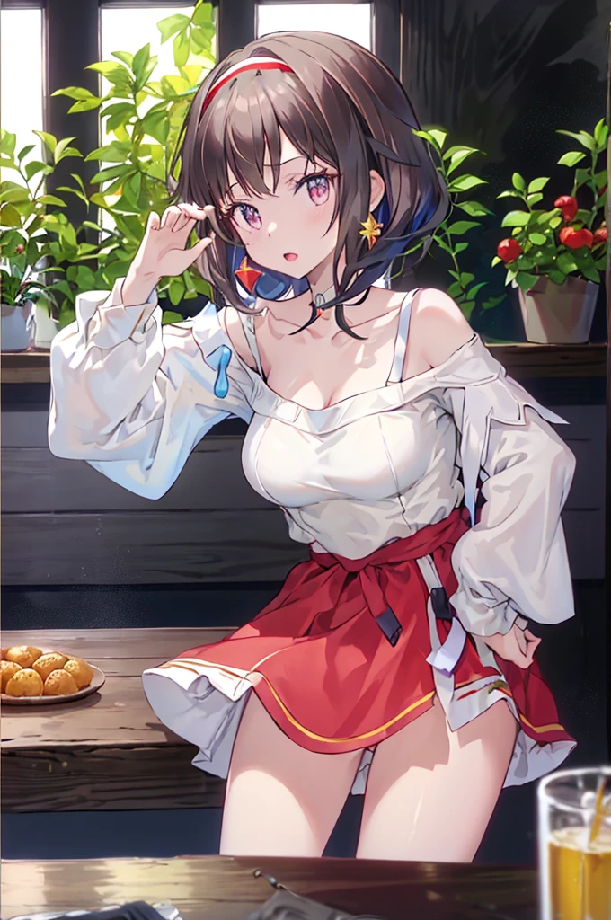 masterpiece, yor, 1girl, Bust A Cup, Amazing Cleavage:1.3, thin waist, big ass, Raised sexy, big breast: 1.2 posed cleavage:1.2、solo, looking at viewer, open mouth, have a cute grass of cute beergrass,black hair, red eyes, dress, bare shoulders, jewelry, collarbone, sidelocks, hairband, earrings, indoors, off shoulder, :o, sweater, arms behind back, plant, short hair with long locks, white hairband, off-shoulder dress, sweater dress, off-shoulder sweater, red sweater, big side hair, very long side hair,is rendered in (masterpiece: 1.2, best quality), with (ultra high resolution) and an exquisite (depth of field). This masterpiece is not only visually stunning but also tells,A scene of cooking in the kitchen
